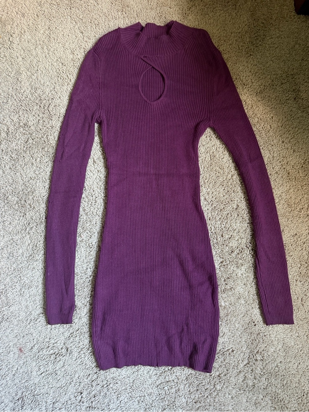 Ribbed Keyhole Long-Sleeve Bodycon Dress - Purple